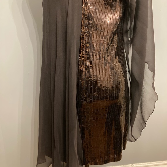 Nearly New ELIE TAHARI Brown Sequinned Dress With Silk Chiffon Overlay, size 8 - Picture 4 of 8